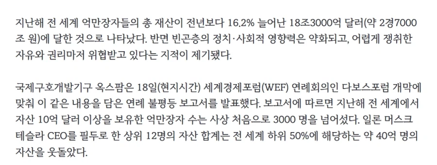세계 12위 부자 재산이 40억명 재산보다 많아
